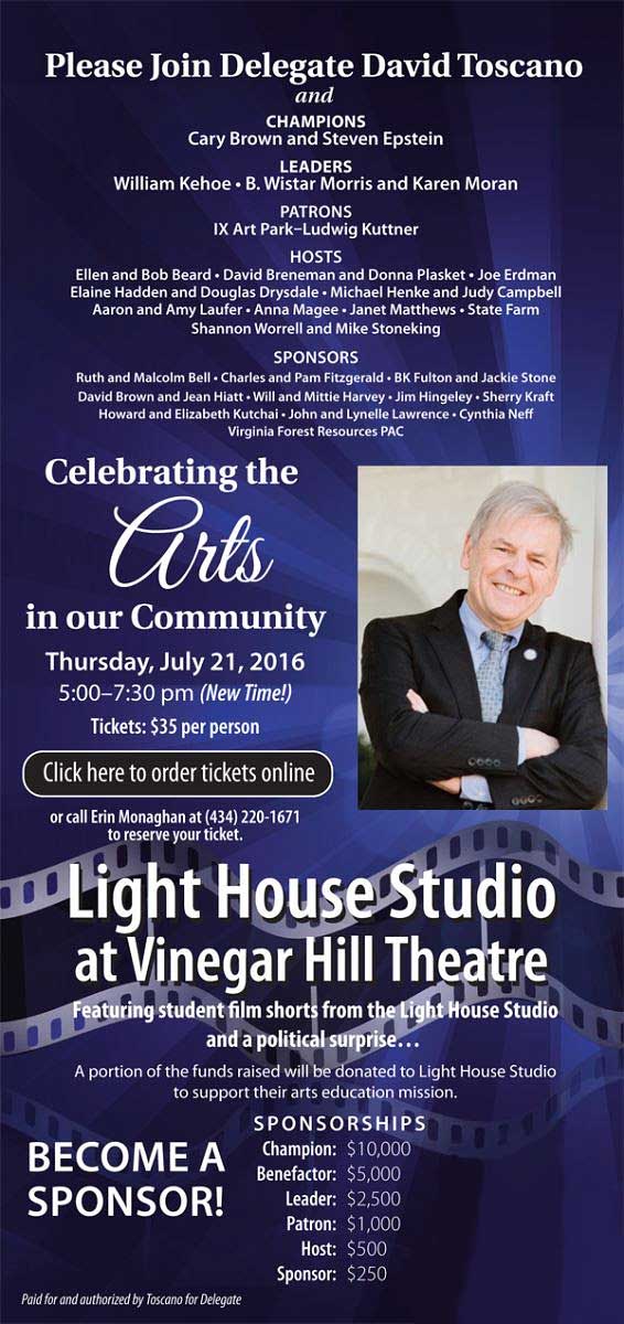 Please join Delegate David Toscano for a celebration of the arts in the greater Charlottesville community