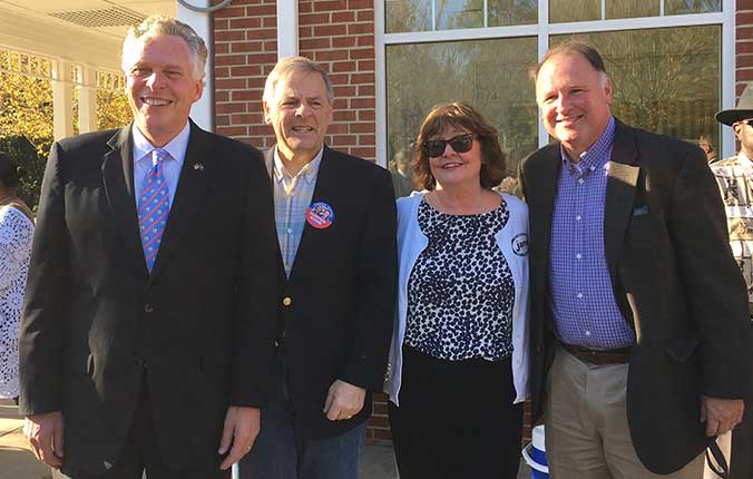 Governor Terry McAuliffe with Delegate David Toscano, 5th District congressional candidate Jane Dittmar, and Senator Creigh Deeds